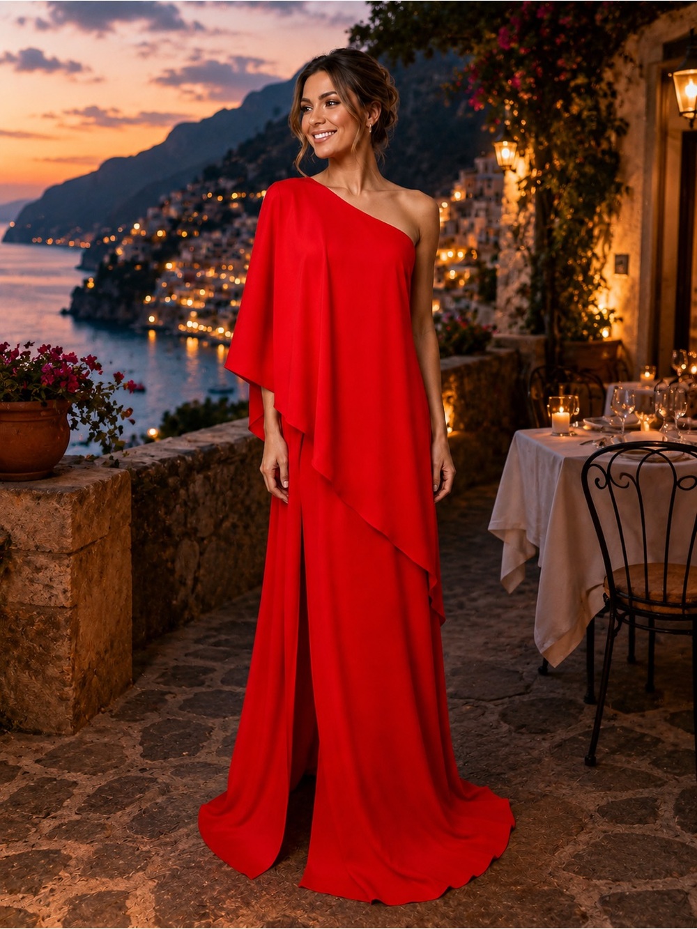#107 Vibrant Red one-shoulder flowy maxi chiffon vacation dress-Small/Size 4